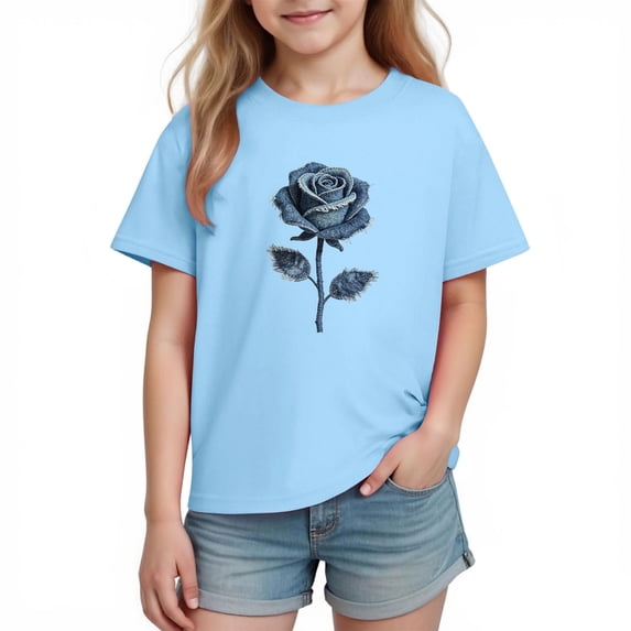 Girls T-Shirt Light Blue 100% Cotton Short Sleeve Floral Rose Print Graphic Tee Vintage Style for Kids Kids,Size 9 T