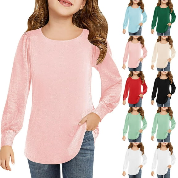 Girls T Shirt Long Sleeve Fashion Fall Soft Warm Comfy Top Kids Plain Basic Uniform T-Shirts Crew Neck Tee Blouse Pullover Tops Size 4-13 Years