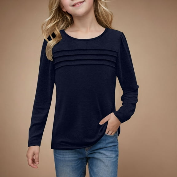 Girls T Shirt Navy Long Sleeve Toddler Shirt Girls Crew Neck Tees Fall Clothes Girls Size 7-8 Years Shirts