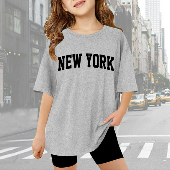 Girls T Shirt New York Letter Printed Short Sleeve Loose Casual Summer Shirts Girl Shirts for Boys 5-6 Years