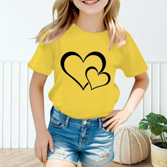 Girls T Shirt Pack Printing T-Shirt Clothes Soft Cotton Crew Neck Tees Baby Girl Short Sleeve Shirts Yellow 140