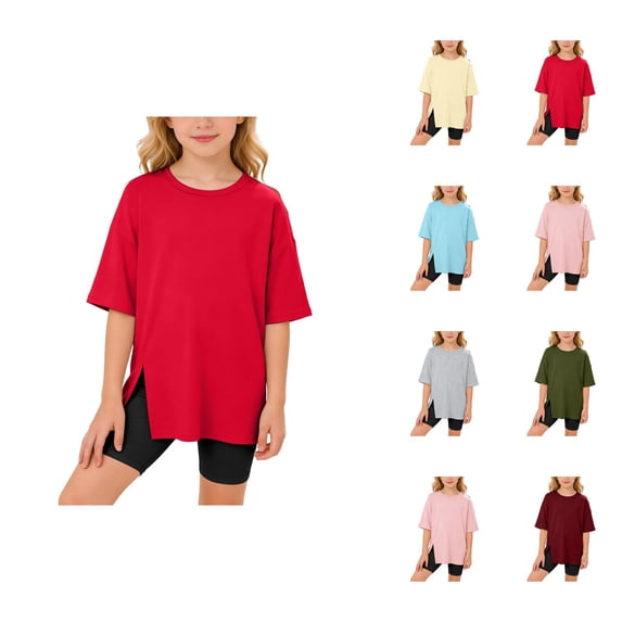 Girls T Shirt Plain Short Sleeve Drop Shoulder Crew Neck Oversized Relaxed Fit Summer Tees (3-14y)
