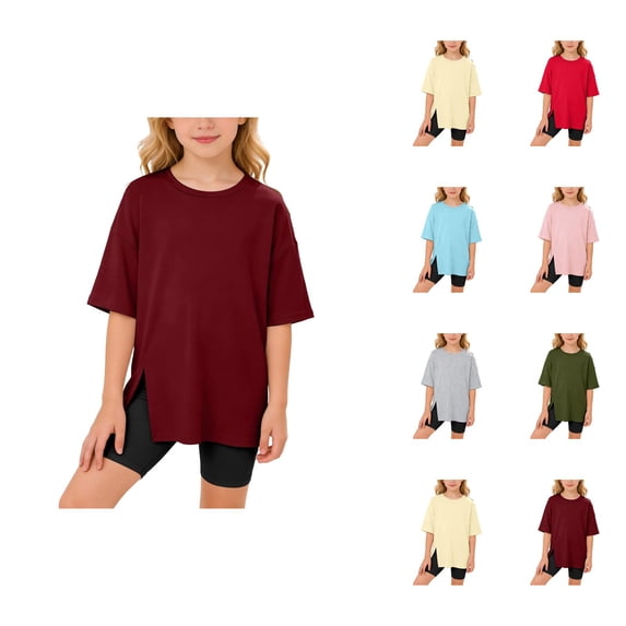 Girls T Shirt Plain Short Sleeve Drop Shoulder Crew Neck Oversized Relaxed Fit Summer Tees (3-14y)