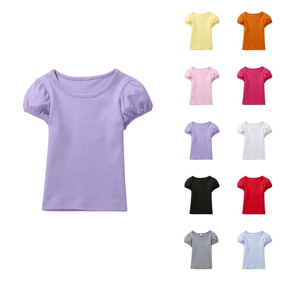 Girls T Shirt Puff Sleeve Plain Cotton Shirts Summer Crew Neck Casual Everyday Top (0-14y)