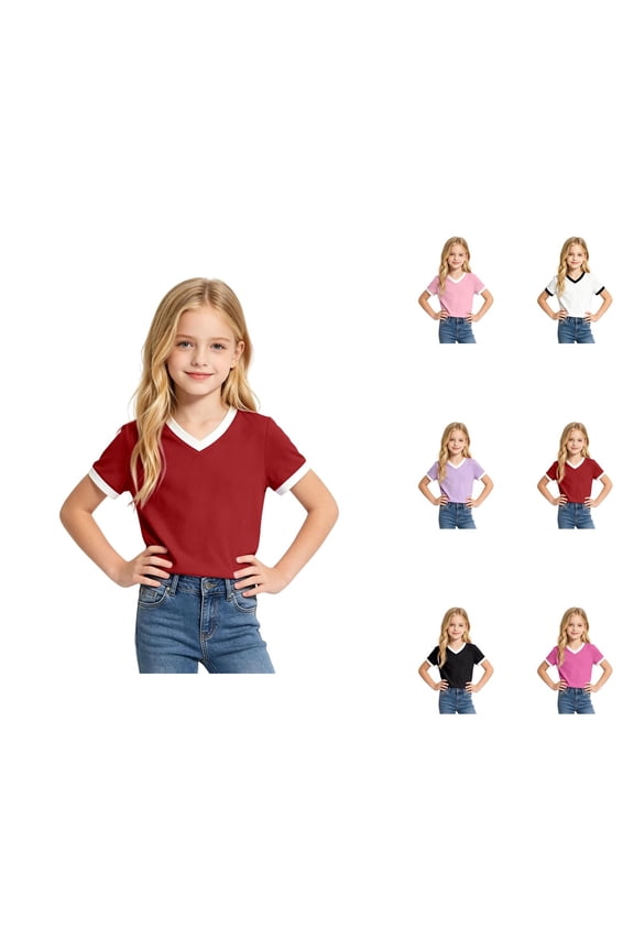 Girls T Shirt Ringer V-Neck Short Sleeve Basic Summer Tees Two-Tone Preppy Casual (7-16y)