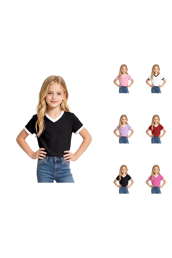 Girls T Shirt Ringer V-Neck Short Sleeve Basic Summer Tees Two-Tone Preppy Casual (7-16y)