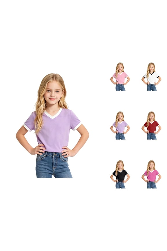 Girls T Shirt Ringer V-Neck Short Sleeve Basic Summer Tees Two-Tone Preppy Casual (7-16y)