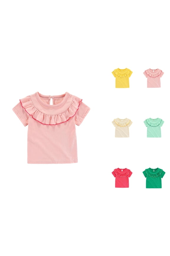 Girls T Shirt Ruffle Collar Short Sleeve Crew Neck Ruffle Bib Neckline Plain Cute Summer Tees (6m-5y)