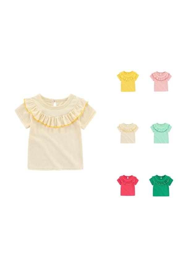 Girls T Shirt Ruffle Collar Short Sleeve Crew Neck Ruffle Bib Neckline Plain Cute Summer Tees (6m-5y)