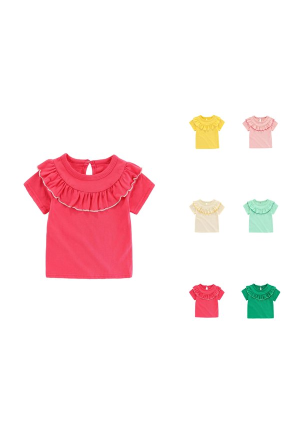 Girls T Shirt Ruffle Collar Short Sleeve Crew Neck Ruffle Bib Neckline Plain Cute Summer Tees (6m-5y)