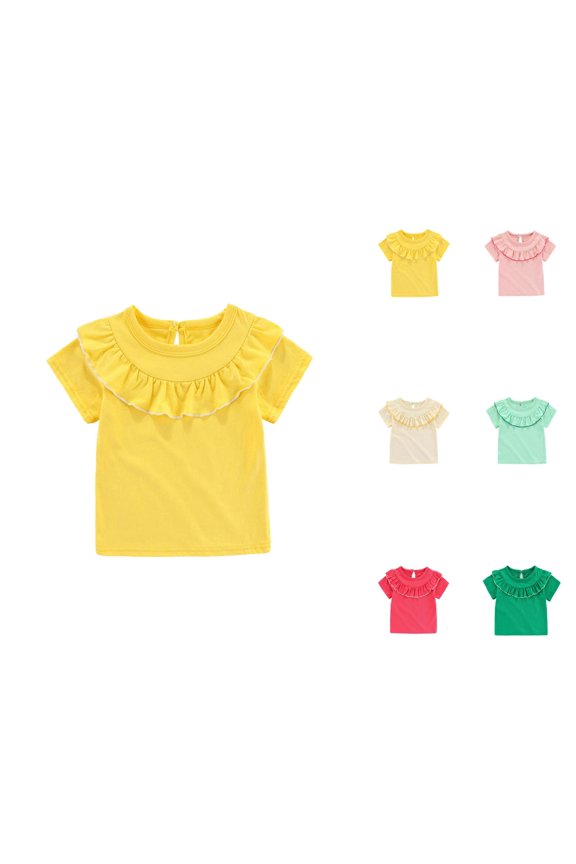 Girls T Shirt Ruffle Collar Short Sleeve Crew Neck Ruffle Bib Neckline Plain Cute Summer Tees (6m-5y)