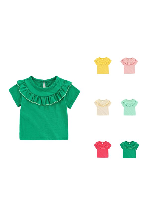 Girls T Shirt Ruffle Collar Short Sleeve Crew Neck Ruffle Bib Neckline Plain Cute Summer Tees (6m-5y)