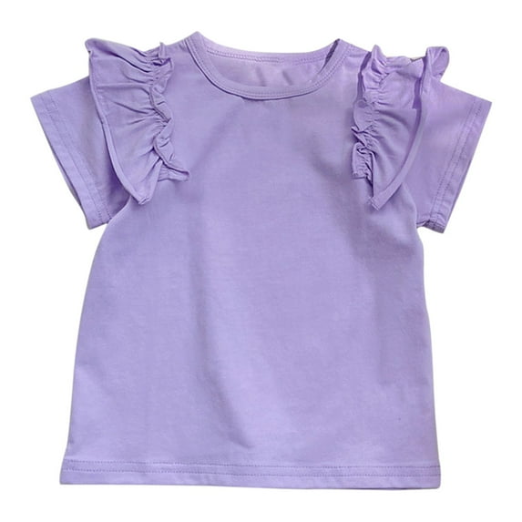 Girls T-Shirt Ruffle Short Sleeve Shirts Summer Cute Crewneck Blouse Tops Purple 5-6 Years