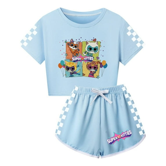 Girls T-Shirt Set Trendy SuperKitties Outfit – Kids 2-Piece Summer Top and Shorts – Cute and Comfy Style