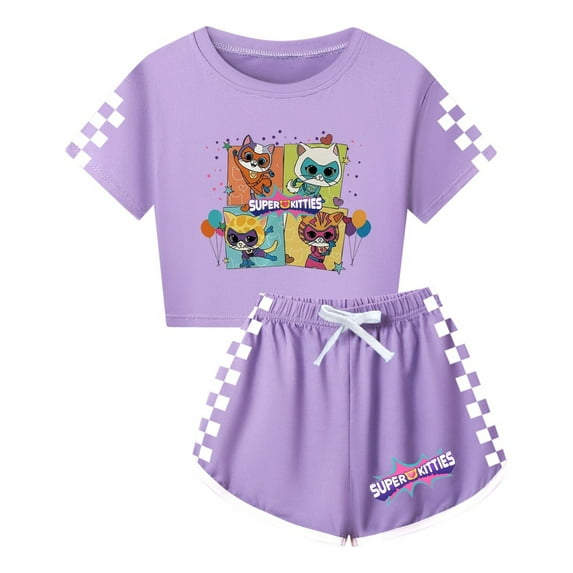 Girls T-Shirt Set Trendy SuperKitties Outfit – Kids 2-Piece Summer Top and Shorts – Cute and Comfy Style