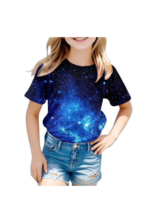 Girls T Shirt Shirts Galaxy 3D Galaxy Print Glitter Blouse Starry Sky Summer Crewneck Short Sleeve Carnival Birthday Girl Shirt Clothes