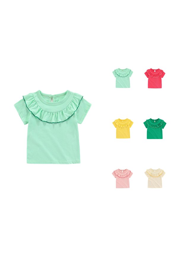 Girls T Shirt Short Sleeve Crew Neck Ruffle Collar Ruffle Bib Neckline Plain Cute Summer Tees (6M-5Y)