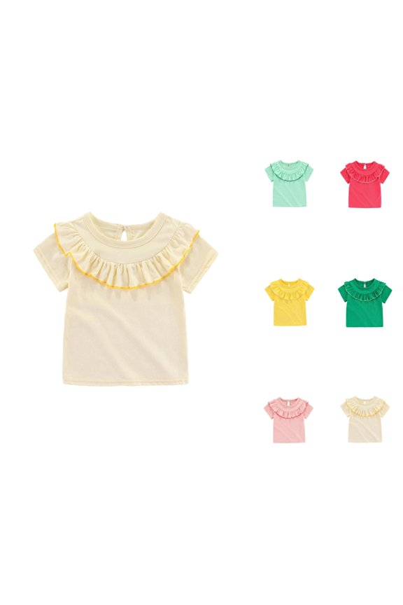 Girls T Shirt Short Sleeve Crew Neck Ruffle Collar Ruffle Bib Neckline Plain Cute Summer Tees (6M-5Y)