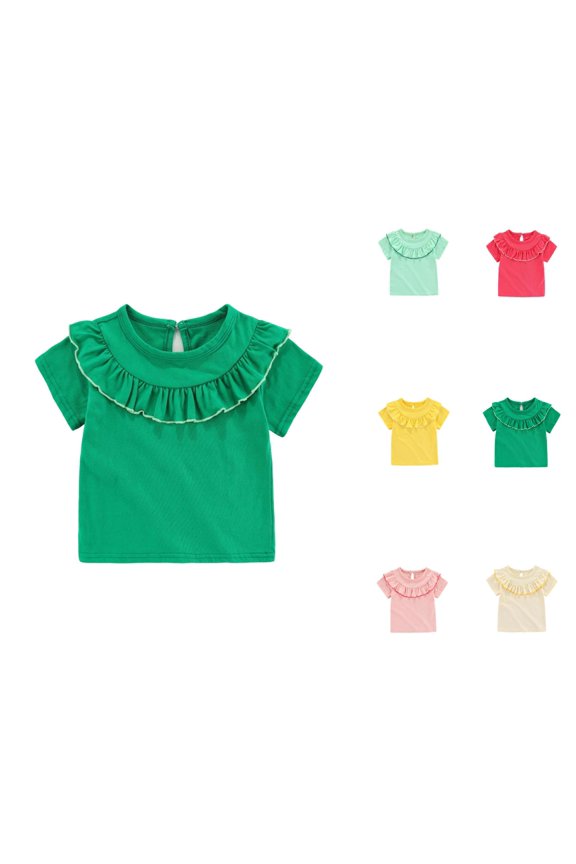 Girls T Shirt Short Sleeve Crew Neck Ruffle Collar Ruffle Bib Neckline Plain Cute Summer Tees (6M-5Y)