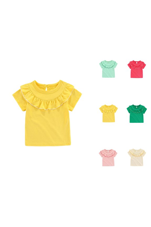 Girls T Shirt Short Sleeve Crew Neck Ruffle Collar Ruffle Bib Neckline Plain Cute Summer Tees (6M-5Y)