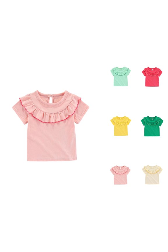 Girls T Shirt Short Sleeve Crew Neck Ruffle Collar Ruffle Bib Neckline Plain Cute Summer Tees (6M-5Y)