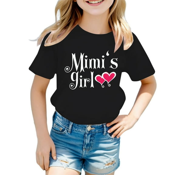 Girls T Shirt Short Sleeve Letter Graphics Round Neck Kids Funny Tops Size 5-6 Years,Black
