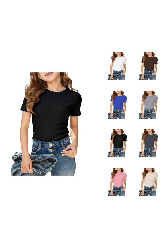 Girls T Shirt Short Sleeve Ribbed Crew Neck Basic Plain Summer Tees Fashion Clothing (5-14y)