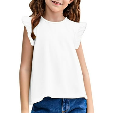 Girls T-Shirt Short Sleeve Summer Clothes Kids Basic Ruffle Tunic Tank Crewneck Blouse Cute Graphic Tees For Girls Tops White 4-5 Years