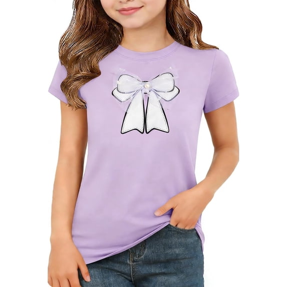 Girls T-Shirt with 3D Bow, Purple Short Sleeve Tee for Kids & Kids, Cute Mesh Bow Top for School, Play, Party,Size 9-10 T