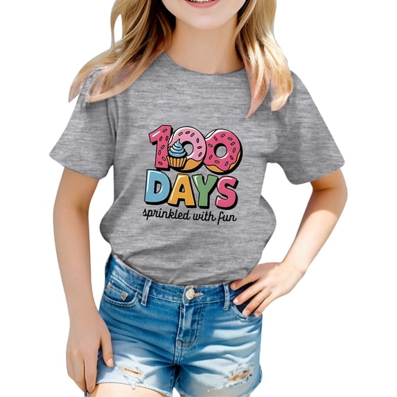 Girls' T Shirts 100 Days School Letter Graphic Crew Neck Short Sleeve Tees 2026 Trendy Cute Pullover Casual Daily Wear Tops