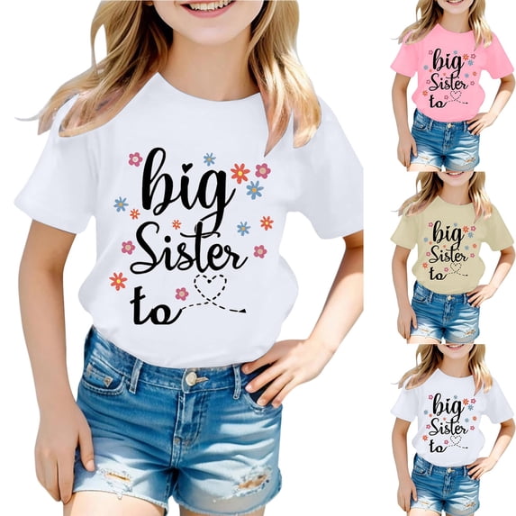 Girls T Shirts Big Sister Letter Print Short Sleeve Round Neck Top Girls' Tops White 10-11 Years