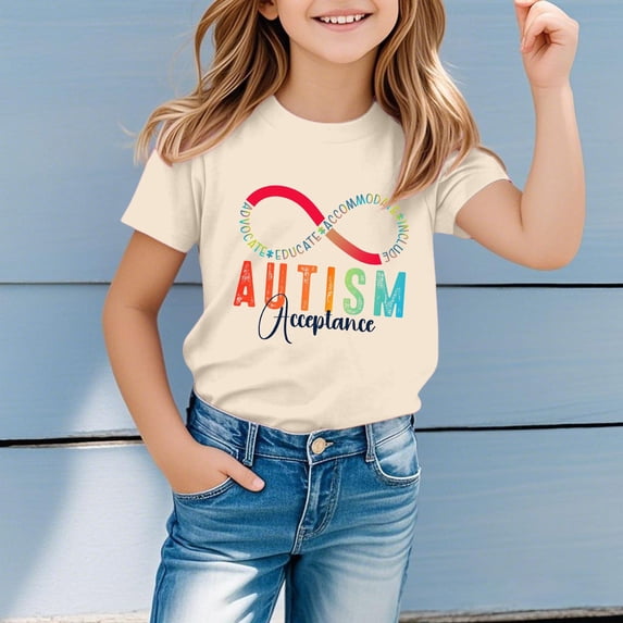 Girls T Shirts Boys Autism Awareness Print Short Sleeve Crewneck Tee Girls Tops Beige 1-2 Years