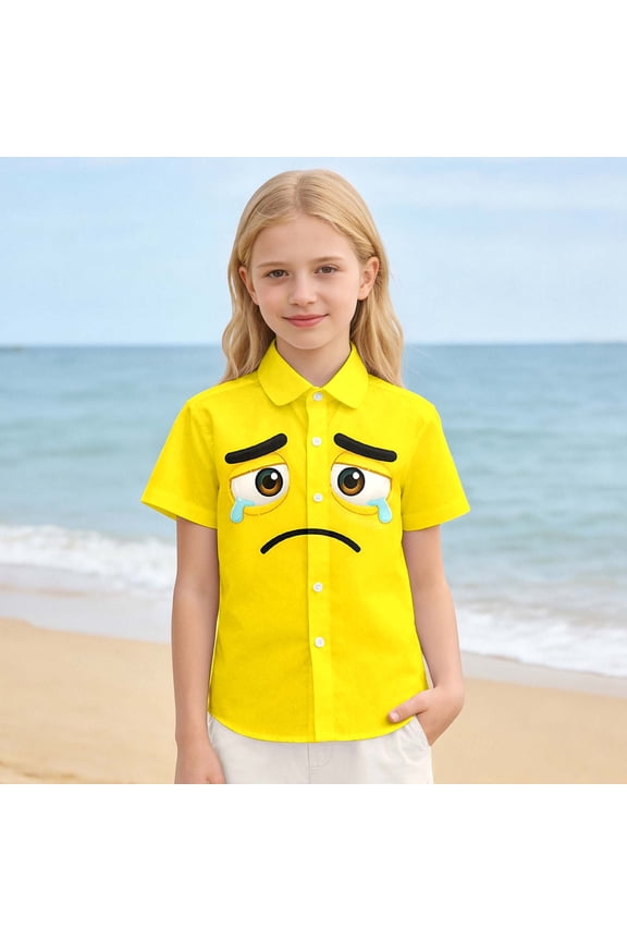 Girls T Shirts Boys Cool Cartoon Expression Print Long Sleeve Button Down Boys' Tops Yellow 6-7 Years