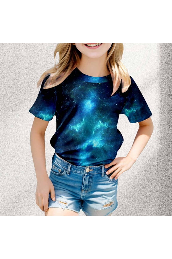Girls T Shirts Boys Universe Sparkle Print Short Sleeve Round Neck Top Girls' Tops Navy 3-4 Years