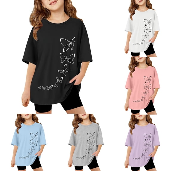 Girls T Shirts Butterfly Print Short Sleeve Round Neck Casual Tee Girls' Tops Grey 12-13 Years
