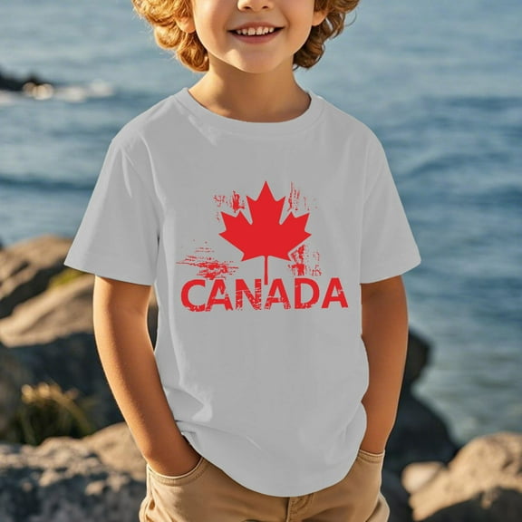Girls T Shirts Canada Day Theme Maple Leaf Print Children Boys and Girls Casual Trendy Short Sleeved T Shirt Summer Tops Light Gray 12 Years-13 Years