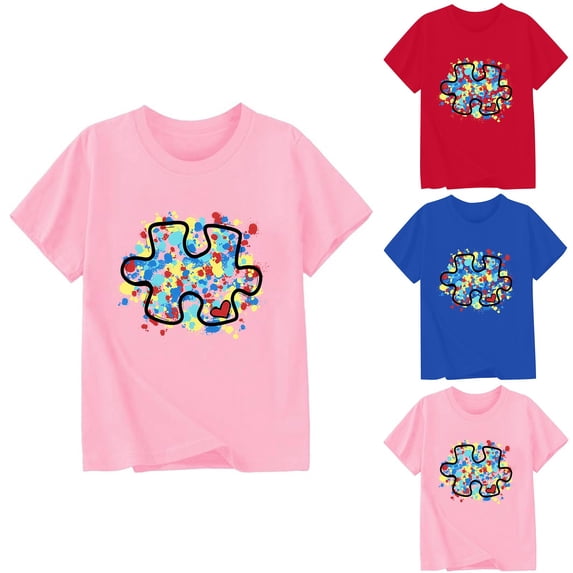 Girls T Shirts Children Autism Awareness Letter Print Short Sleeve Round Neck Top Girls' Tops Pink 0-1 Years