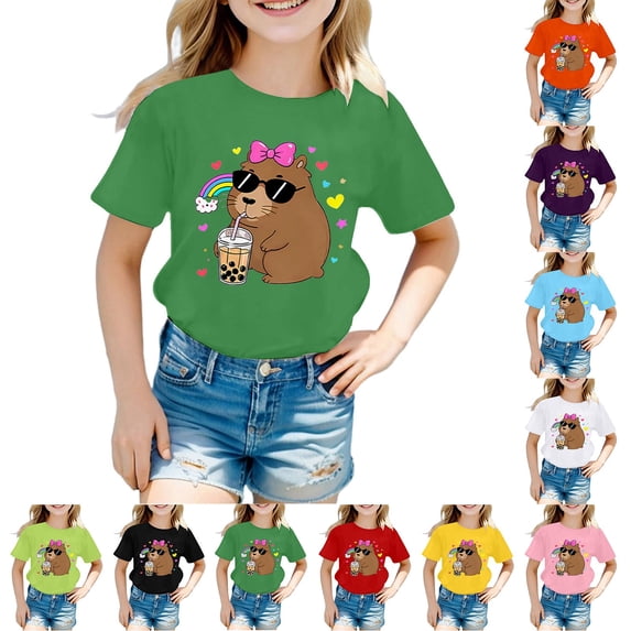 Girls T Shirts Children Summer Short Sleeve Tee Loose Fit Graphic Print Top Girls' Tops Pink 4-5 Years