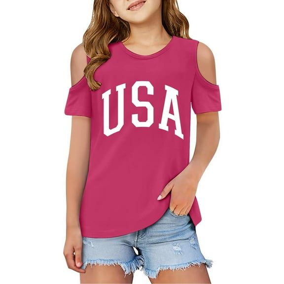 Clothes for Girls Cold Shoulder Letter Print Short Sleeve Shirts for Girls Trendy Summer Tops for Girls T Shirts for Girls 3-4 Years Girl Fashion