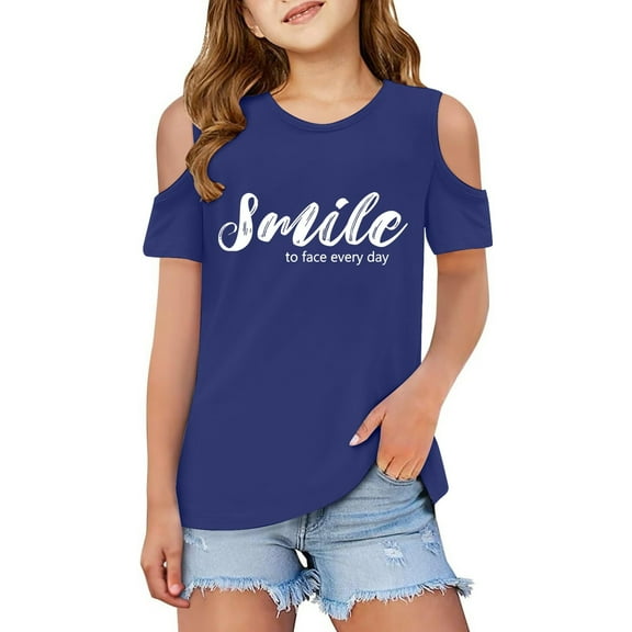 Clothes for Girls Cold Shoulder Letter Print Short Sleeve Shirt for Girls Trendy Summer Toddler Girl Clothes 9-10 Years Girls Clothes Girl Fashion
