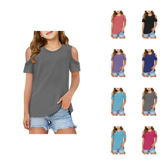 Girls T Shirts Cold Shoulder Short Sleeve Solid Color Shirts Crew Neck Casual Comfortable Breathable Basic Tees Top for Kids Daily Wear