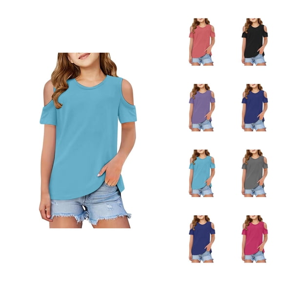 Girls T Shirts Cold Shoulder Short Sleeve Solid Color Shirts Crew Neck Casual Comfortable Breathable Basic Tees Top for Kids Daily Wear