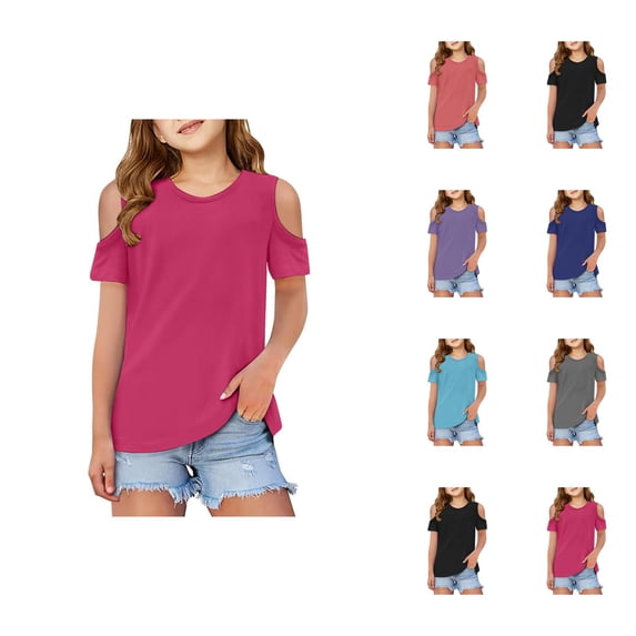 Girls T Shirts Cold Shoulder Short Sleeve Solid Color Shirts Crew Neck Casual Comfortable Breathable Basic Tees Top for Kids Daily Wear