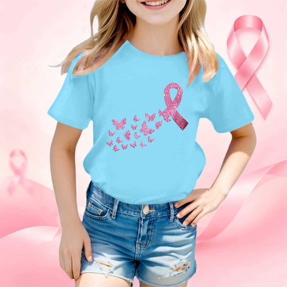 Girls T Shirts Crew Neck Short Sleeve Cancer Awareness Print Tee Casual T Shirts for Girls Size 11-12Y