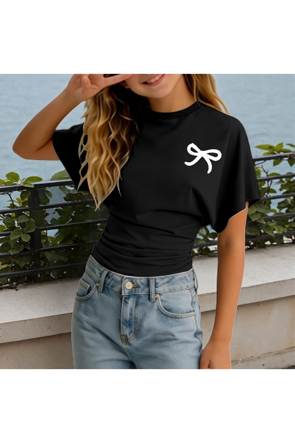Girls T Shirts Cute Bow Print Waist Defined Short Sleeve Round Neck Top Girls Clothes Black 3-4Y