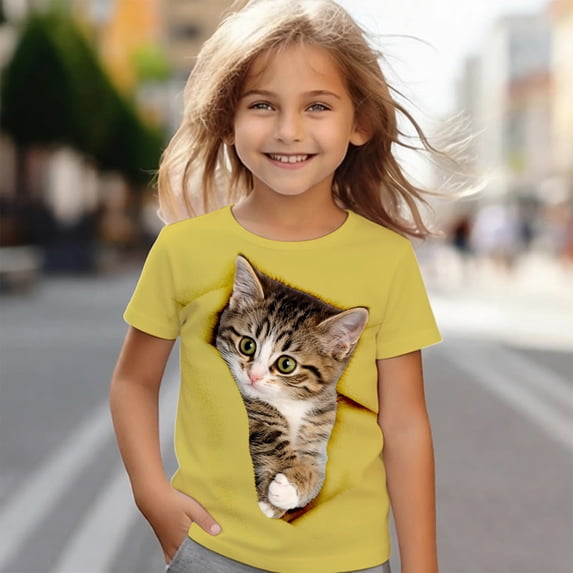 Girls T Shirts Cute Cat Graphic Print Short Sleeve Tee Soft Casual Girls Clothes Yellow 4-5 Years