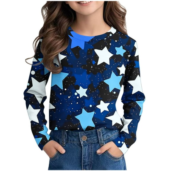 Girls T Shirts Cute Long Sleeve Crewneck Shirt Star Printed Lightweight Casual Pullover Tops Size 3-14