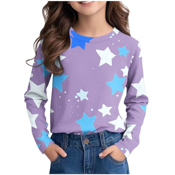 Girls T Shirts Cute Long Sleeve Crewneck Shirt Star Printed Lightweight Casual Pullover Tops Size 3-14