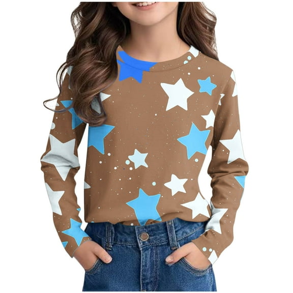 Girls T Shirts Cute Long Sleeve Crewneck Shirt Star Printed Lightweight Casual Pullover Tops Size 3-14