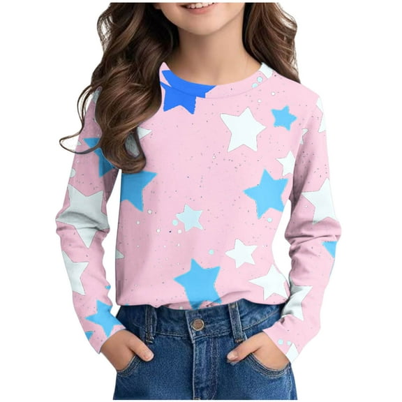 Girls T Shirts Cute Long Sleeve Crewneck Shirt Star Printed Lightweight Casual Pullover Tops Size 3-14